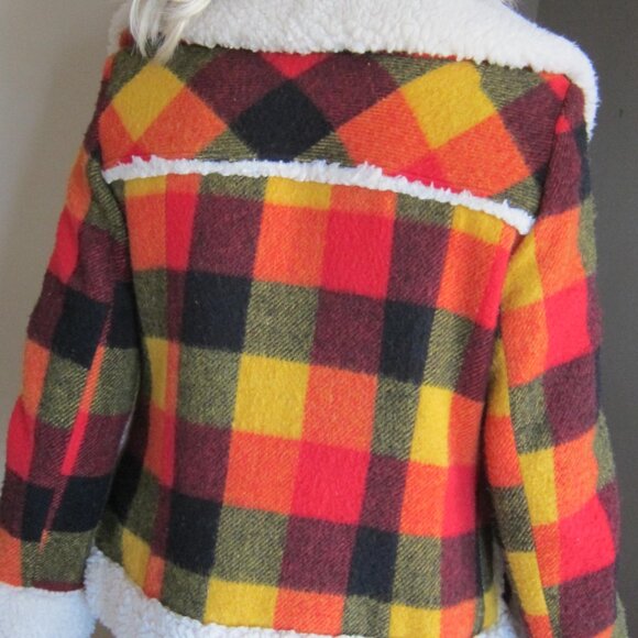 Vintage 70s LADY UTEX Retro Orange Plaid Wool Sherpa Bomber Jacket Canada - Picture 2 of 10